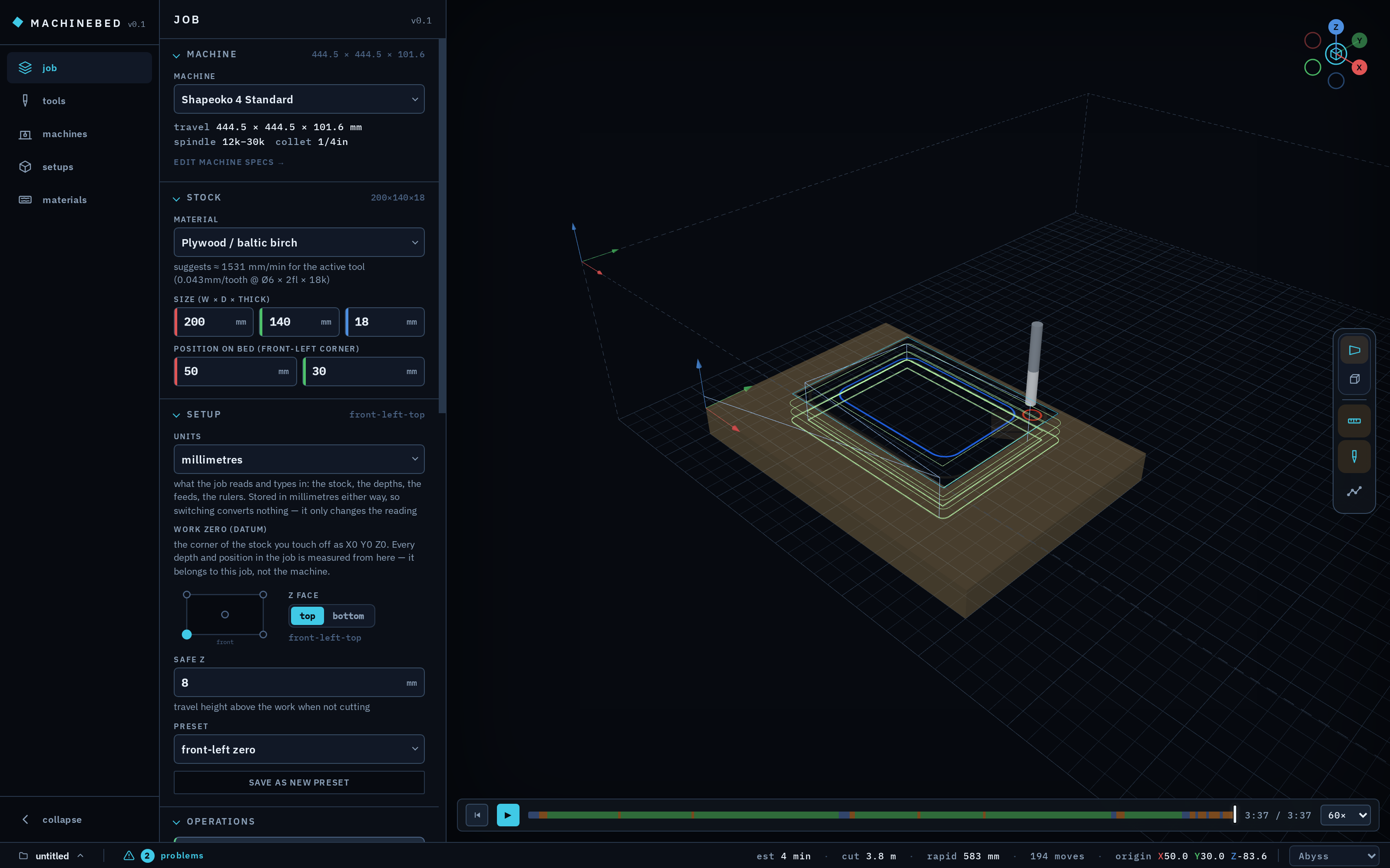the kerf app: a compiled job in the 3d viewport, operations panel open