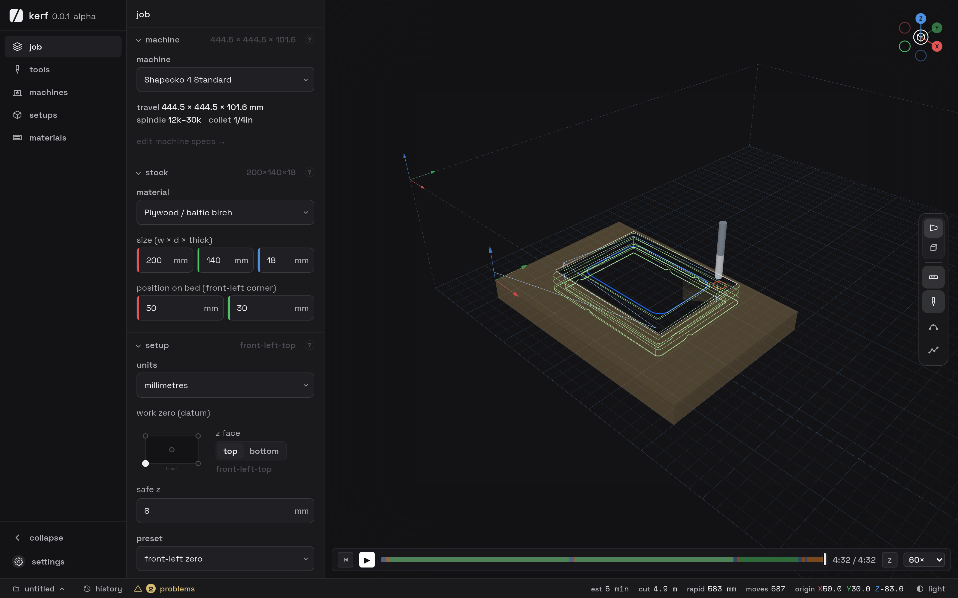the kerf app: a compiled job in the 3d viewport, operations panel open
